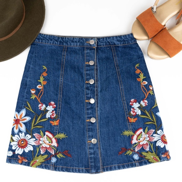Dresses & Skirts - Embroidered Denim Mini Skirt